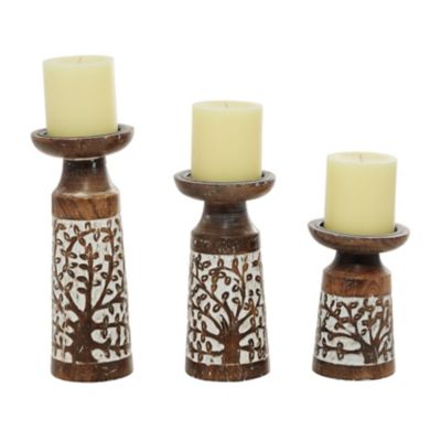 Image showing  Assorted Mango Wood Natural Candle Holders, Mocha Brown, 3-Pack