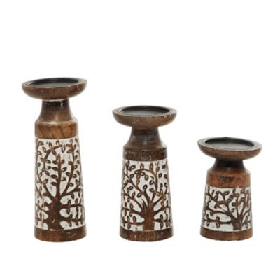Image showing  Assorted Mango Wood Natural Candle Holders, Mocha Brown, 3-Pack
