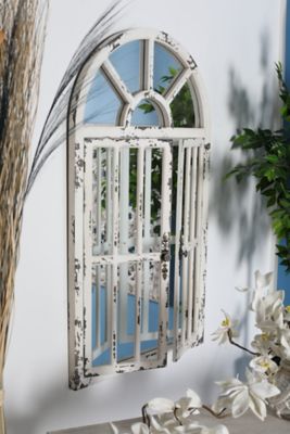 Harper & Willow White Wood Window Pane Inspired 2 Door Wall Mirror with Arched Top and Distressing 26" x 3" x 46", 45919