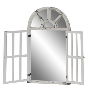 Image showing  White Wood Window Pane Inspired 2 Door Wall Mirror with Arched Top and Distressing 26" x 3" x 46", 45919