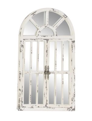 Image showing  White Wood Window Pane Inspired 2 Door Wall Mirror with Arched Top and Distressing 26" x 3" x 46", 45919