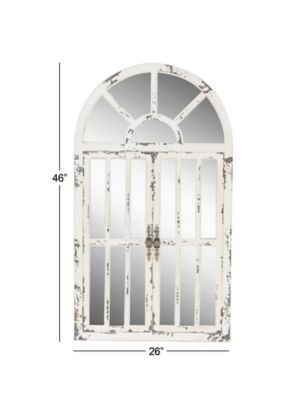 Image showing  White Wood Window Pane Inspired 2 Door Wall Mirror with Arched Top and Distressing 26" x 3" x 46", 45919