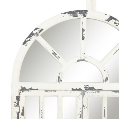 Image showing  White Wood Window Pane Inspired 2 Door Wall Mirror with Arched Top and Distressing 26" x 3" x 46", 45919