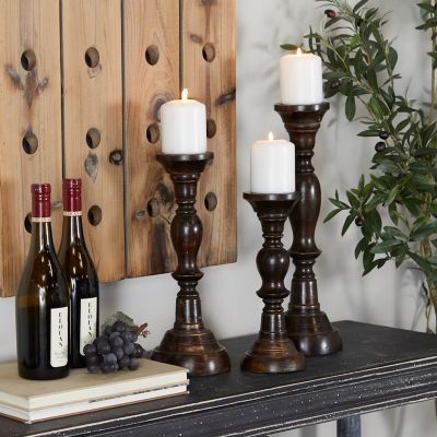 Harper & Willow Assorted Mango Wood Farmhouse Candle Holders, Black, 3-Pack