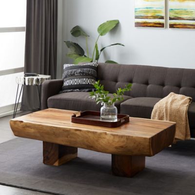 Harper & Willow Brown Wood Handmade Live Edge T Stand 2 Legs Coffee Table with Block Style Base 59 in. x 33 in. x 19 in.