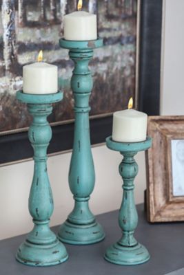 Harper & Willow Turquoise Wood Traditional Candle Holders, 19 in., 15 in., 11 in., 3 pc., 98767