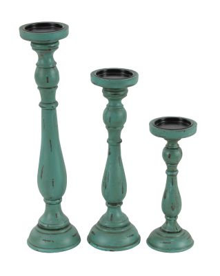 Image showing  Assorted Wood Traditional Candle Holders, Turquoise, 3-Pack