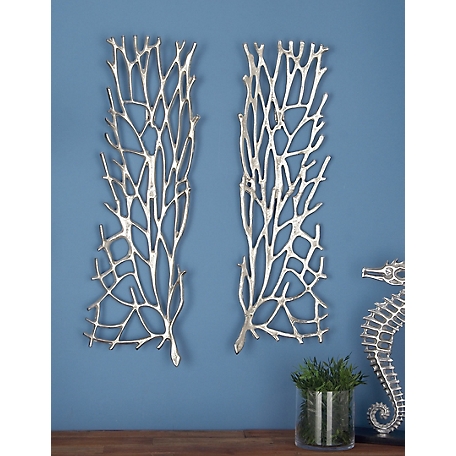 Harper & Willow Silver Aluminum Inspired Coral Wall Decor, 34 in. x 10 in., 2 pc.