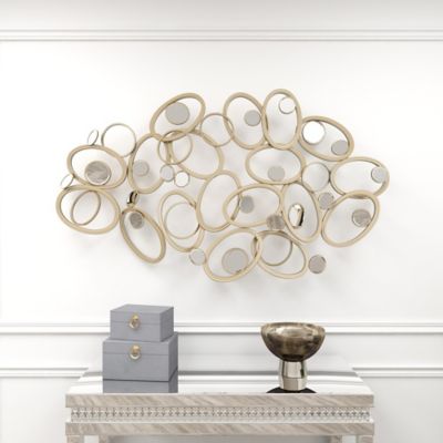 Harper & Willow Silver Metal Geometric Wall Decor with Round Mirrored Accents, 60 in. x 4 in. x 33 in.