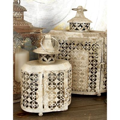 Harper & Willow Beige Metal Decorative Candle Lantern with Intricate Scroll Work, Set of 2 12", 9"H, 52979