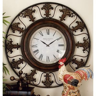 Harper & Willow 38 in. Antique Rustic Wall Clock with Fleur-De-Lis Design, Brown