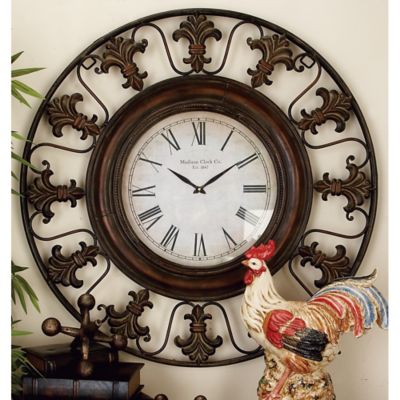 Harper & Willow Antique Rustic Wall Clock with Fleur-De-Lis Design, 38 in., Brown