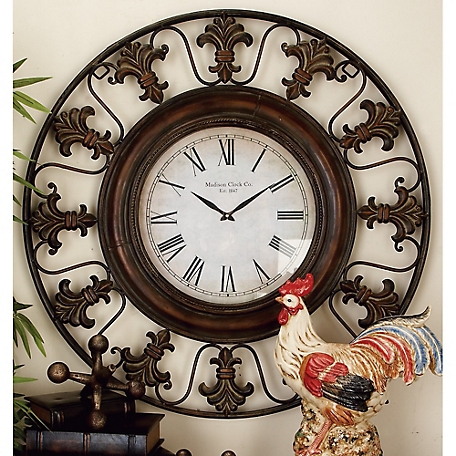 Harper & Willow 38 in. Antique Rustic Wall Clock with Fleur-De-Lis Design, Brown