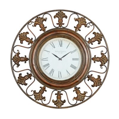 Image showing  Antique Rustic Wall Clock with Fleur-De-Lis Design, 38 in., Brown