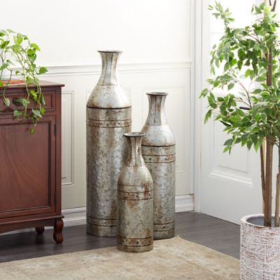 Harper & Willow Gray Metal Tall Galvanized Floor Vase with Studs Set of 3 43", 33", 25"H