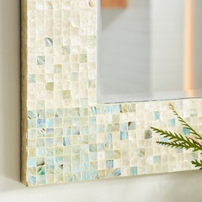 Image showing 1 th Harper & Willow Cream and Aqua Coastal Mother of Pearl Wall Mirror, 36 in. x 24 in., 84415