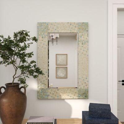 Image showing 6 th Harper & Willow Cream and Aqua Coastal Mother of Pearl Wall Mirror, 36 in. x 24 in., 84415