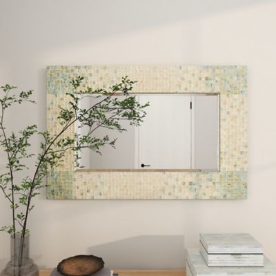 Image showing 8 th Harper & Willow Cream and Aqua Coastal Mother of Pearl Wall Mirror, 36 in. x 24 in., 84415