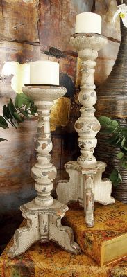 Harper & Willow White Wood Tall Candle Holders with Distressed Accents, 20 in., 17 in., 2 pc., 20408