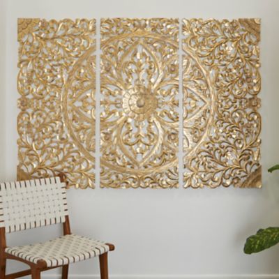 Harper & Willow Cream Wood Handmade Intricately Carved Floral Wall Decor with Mandala Design, 48 in. x 22 in., 3 pc.