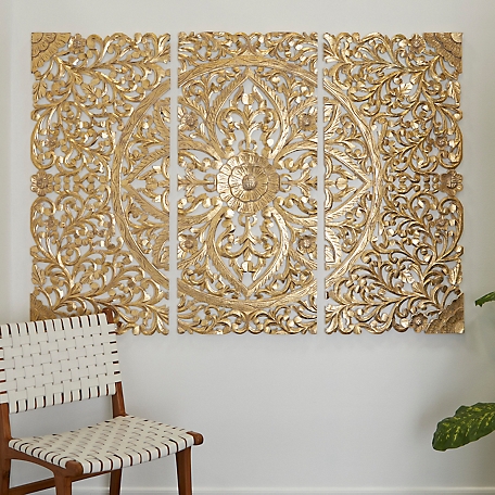Harper & Willow Cream Wood Handmade Intricately Carved Floral Wall Decor with Mandala Design, 48 in. x 22 in., 3 pc.