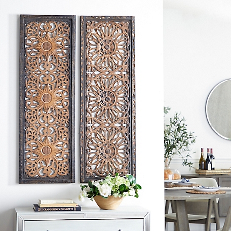 Harper & Willow Brown Wood Handmade Intricately Carved Floral Wall Decor, 48 in. x 16 in., 2 pc.