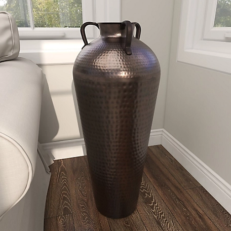 Harper & Willow Brown Metal Tall Floor Mediterranean Style Vase with Hammered Details and Handles, 12 in. x 12 in. x 32 in.