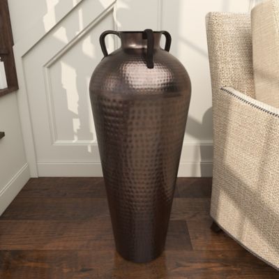 Image showing 7 th Harper & Willow Brown Metal Tall Floor Mediterranean Style Vase with Hammered Details and Handles, 12 x 12 x 32in.
