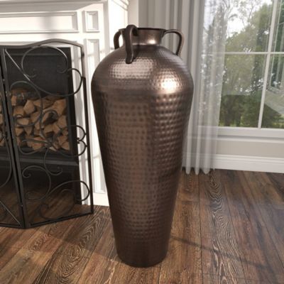Image showing 8 th Harper & Willow Brown Metal Tall Floor Mediterranean Style Vase with Hammered Details and Handles, 12 x 12 x 32in.