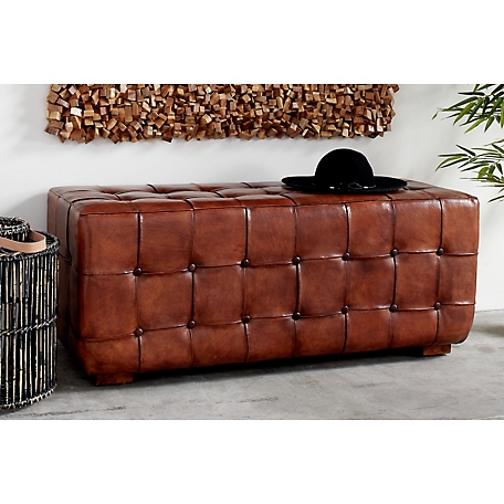 Harper & Willow Brown Teak and Leather Traditional Ottoman, 20 in. x 48 in. x 18 in