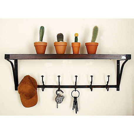 Harper & Willow Brown Wood Industrial Wall Hooks with Shelf, 13 in. x 39 in. x 10 in.