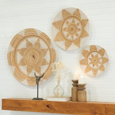 Harper & Willow Light Brown Palm Wood Traditional Abstract Wall Decor, 3 pc.
