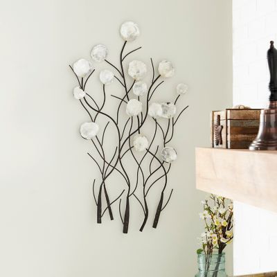 Harper & Willow White Metal Floral Wall Decor with Capiz Accents, 24 in. x 1 in. x 36 in.