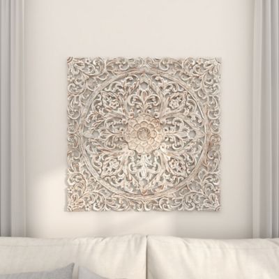 Image showing 7 th Harper & Willow Distressed Brown Traditional Floral Wood Wall Decor, 36 in. x 36 in.