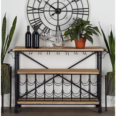 Harper & Willow Brown Metal Rolling 18 Bottle Standing Wine Rack with Wine Glass Holders 48" x 17" x 31"