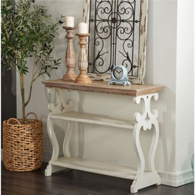 Harper & Willow White Wood Scroll Side Frames 2 Shelf Console Table with Brown Wood Top 38 in. x 15 in. x 32 in.
