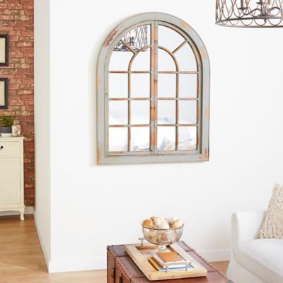 Harper & Willow Gray Wood Window Panes Inspired Wall Mirror with Arched Top and Distressing, 37 in. x 2 in. x 48 in., 89364