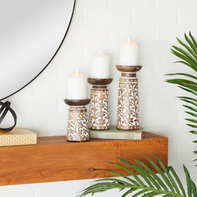 Harper & Willow Assorted Mango Wood Natural Candle Holders, Golden Brown, 3-Pack