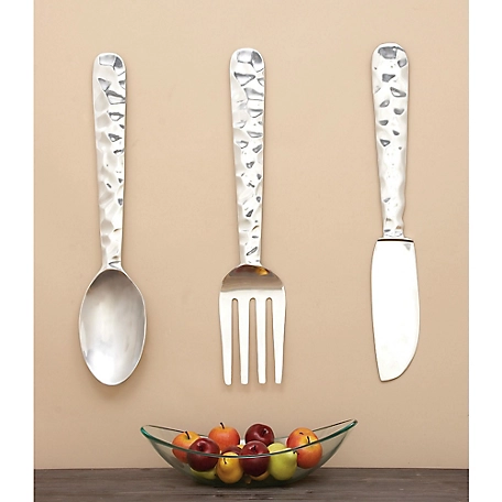Harper & Willow Silver Aluminum Knife Spoon and Fork Utensils Wall Decor Set, 8 in. W x 36 in. H, 3 pc.