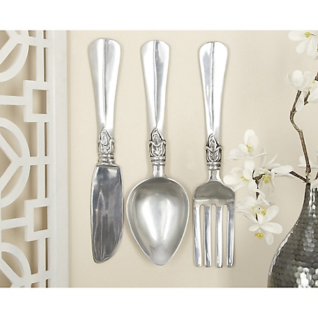 Harper & Willow Silver Aluminum Knife Spoon and Fork Utensils Wall Decor Set, 7 in. W x 23 in. H, 3 pc.