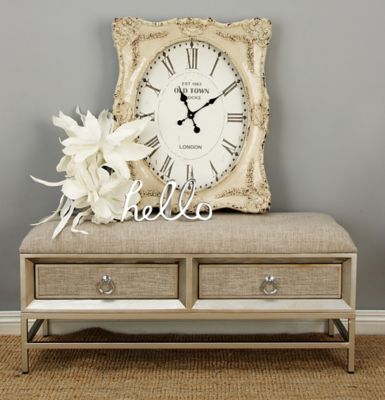 Harper & Willow Beige Linen Upholstered Front Panel Storage Bench with Tufted Seat and Ring Handles 43" x 16" x 19"