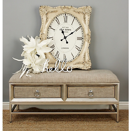 Harper & Willow Beige Linen Upholstered Front Panel Storage Bench with Tufted Seat and Ring Handles 43" x 16" x 19"