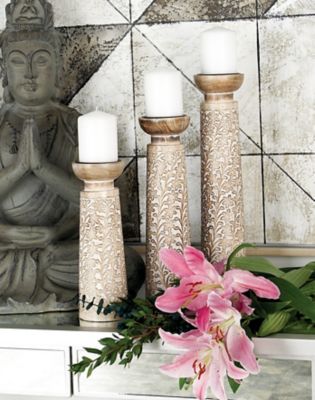 Harper & Willow Assorted Mango Wood Floral Carved Natural Candle Holders, Brown, 3-Pack