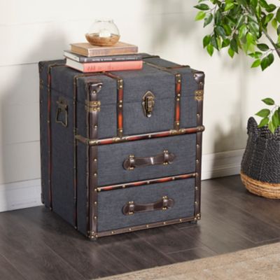 Harper & Willow Linen Upholstered Accent Table with 2 Drawers and Buckle Hinged Top, Blue