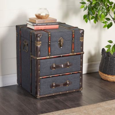 Harper & Willow Blue Linen Upholstered 2-Drawer Accent Table with Buckle Hinged Top, 18 in. x 18 in. x 22 in.