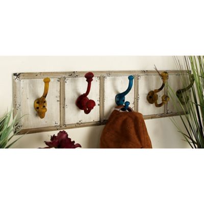 Harper & Willow 5-Hanger Wooden Wall Hook with Multicolor Hooks, 24 in. x 4 in. x 7 in., White
