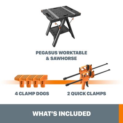 Image showing  32 in. x 25 in. x 31 in. 1,000 lb. Capacity Pegasus Folding Work Table and Sawhorse with 2 Quick Clamps and 4 Clamp Dogs