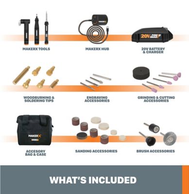 Image showing  20V MakerX Power Share Kit with Rotary Tool, Grinder and Soldering Iron Wood Burner