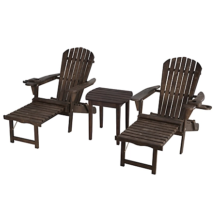 W Unlimited 2 Foldable Adirondack Chaise Lounge Chairs and 1 End Table Set, Cup and Glass Holder