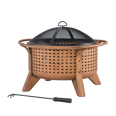 Sunjoy 30 in. Patio Woven Round Steel Outdoor Wood-Burning Fire Pit with Spark Screen and Poker